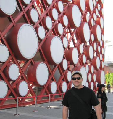 Wall of drums. Art at subway entrance.